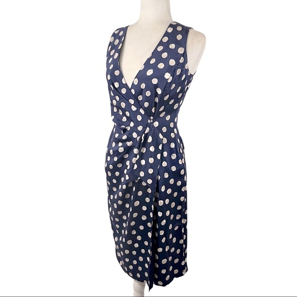 ST. JOHN Sleeveless Faux Wrap Silk Polka Dot Dress - Picture 2 of 13